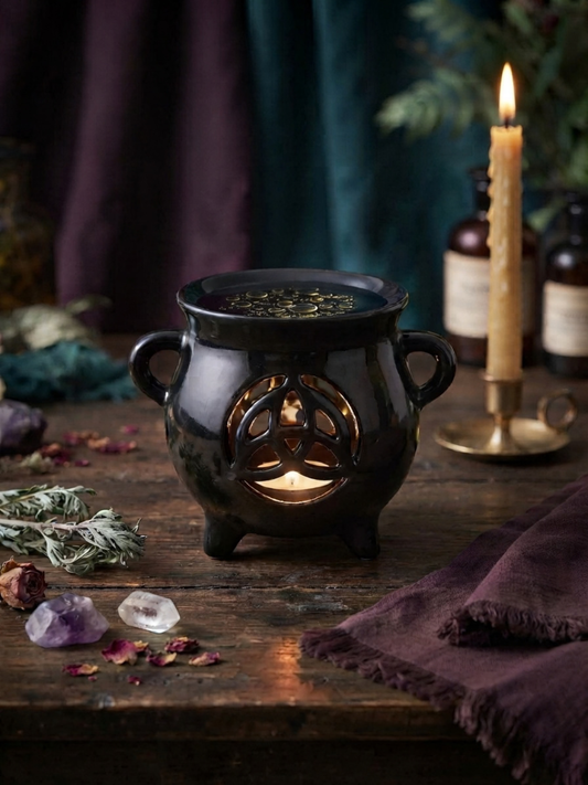 A black cauldron-shaped candle warmer with a glowing triquetra symbol cutout, set on a rustic wooden table surrounded by dried herbs, crystals, and a lit candle in a brass holder.