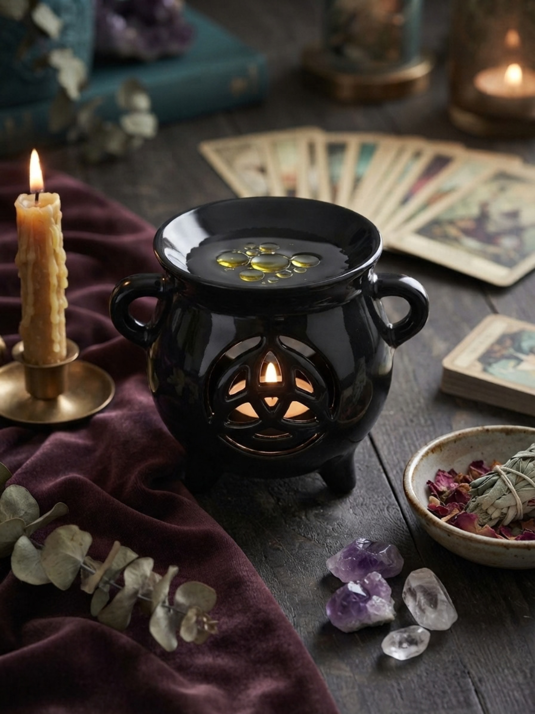 A black ceramic altar wax melt and oil burner with a triple pentagram cutout, lit with a warm candle inside. The scene is styled with a purple velvet cloth, a burning taper candle in a brass holder, crystals, a bowl of dried flowers, and tarot cards on a dark wooden table.