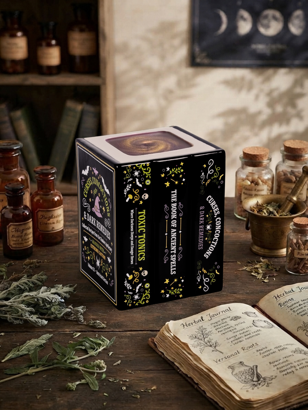 An oil burner / wax warmer created to look like a decorative set of witches apothecary books titled 'Toxic Tonics', 'The Book of Ancient Spells', and 'Curious Concoctions & Dark Remedies' displayed on a rustic wooden table with an open book, herbs, glass bottles, and jars around it. 