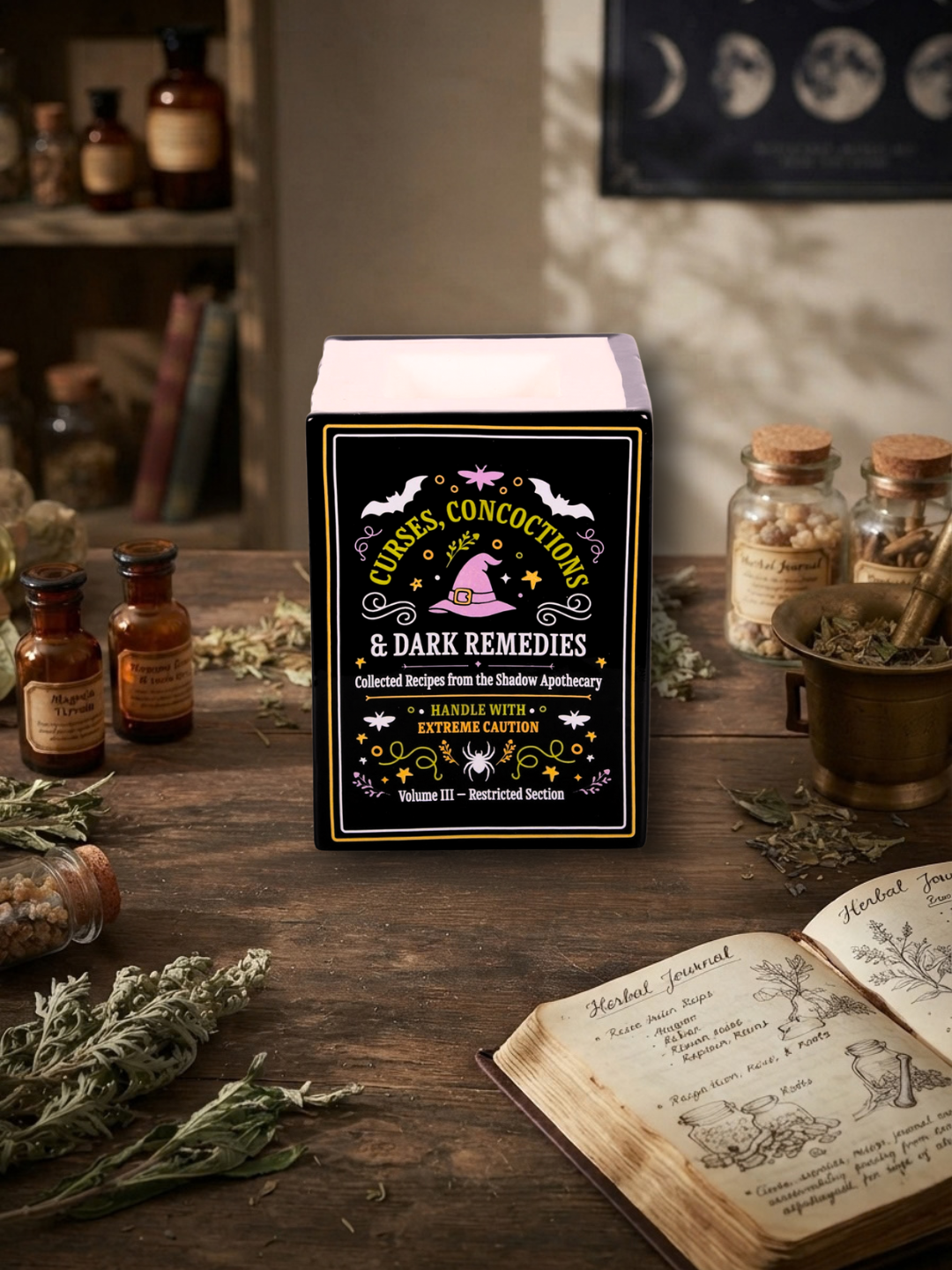 An oil burner / wax warmer created to look like a decorative set of witches apothecary books titled 'Toxic Tonics', 'The Book of Ancient Spells', and 'Curious Concoctions & Dark Remedies' stands on a rustic wooden table surrounded by vintage-style apothecary bottles, dried herbs, an open journal, and a brass mortar. The box front is black with gold and yellow decorative text and a purple witch hat illustration.