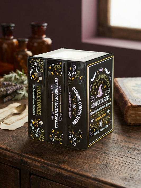 An oil burner / wax warmer created to look like a decorative set of witches apothecary books titled 'Toxic Tonics', 'The Book of Ancient Spells', and 'Curious Concoctions & Dark Remedies' stands on a rustic wooden table. The books have black spines and covers decorated with gold and white gothic illustrations, including stars, skulls, and coven symbols.